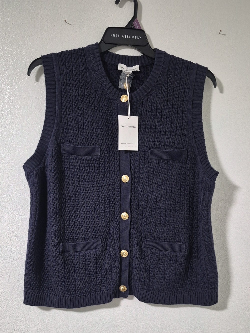 Free Assembly Women's Navy Cable Knit Button-Front Vest